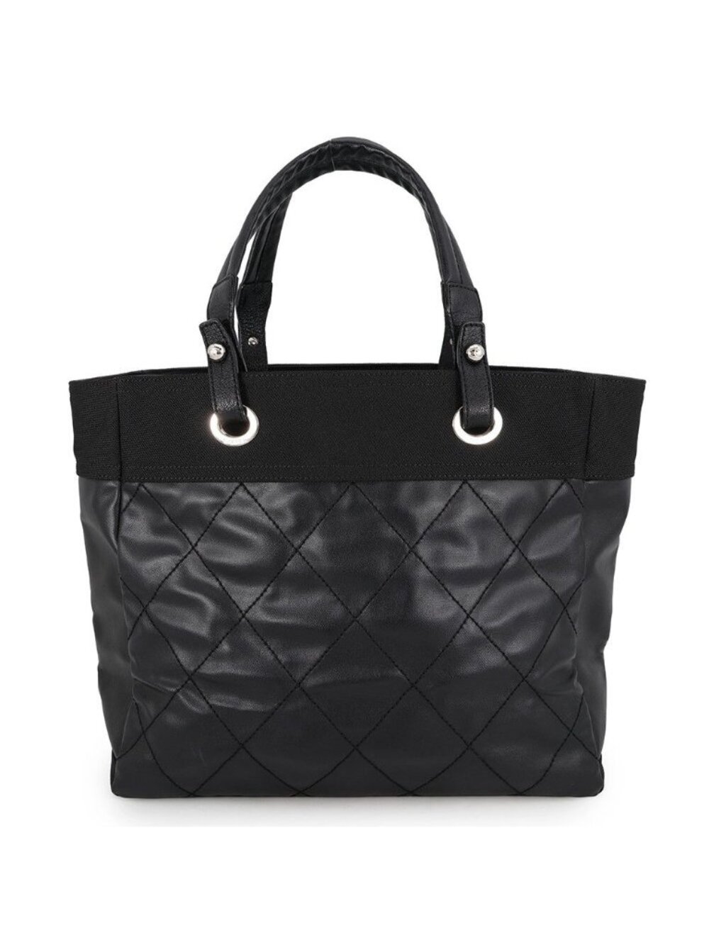 Chanel Tote Bag Quilted Paris Biarritz MM Medium Leather Canvas Black